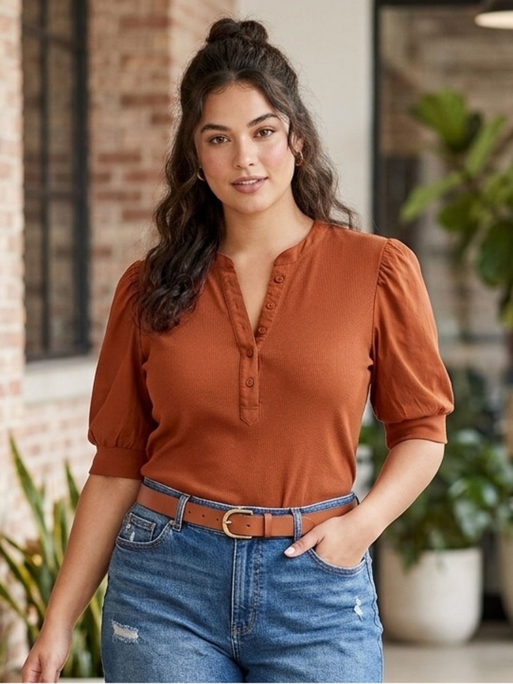 CHAPS Button-Detail Puff Sleeve Top in Dark Terra Cotta